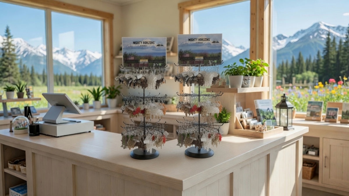 Two Mighty Horizons three-tier tabletop display stands stocked with assorted animal keychains on a gift shop checkout counter with mountain views.