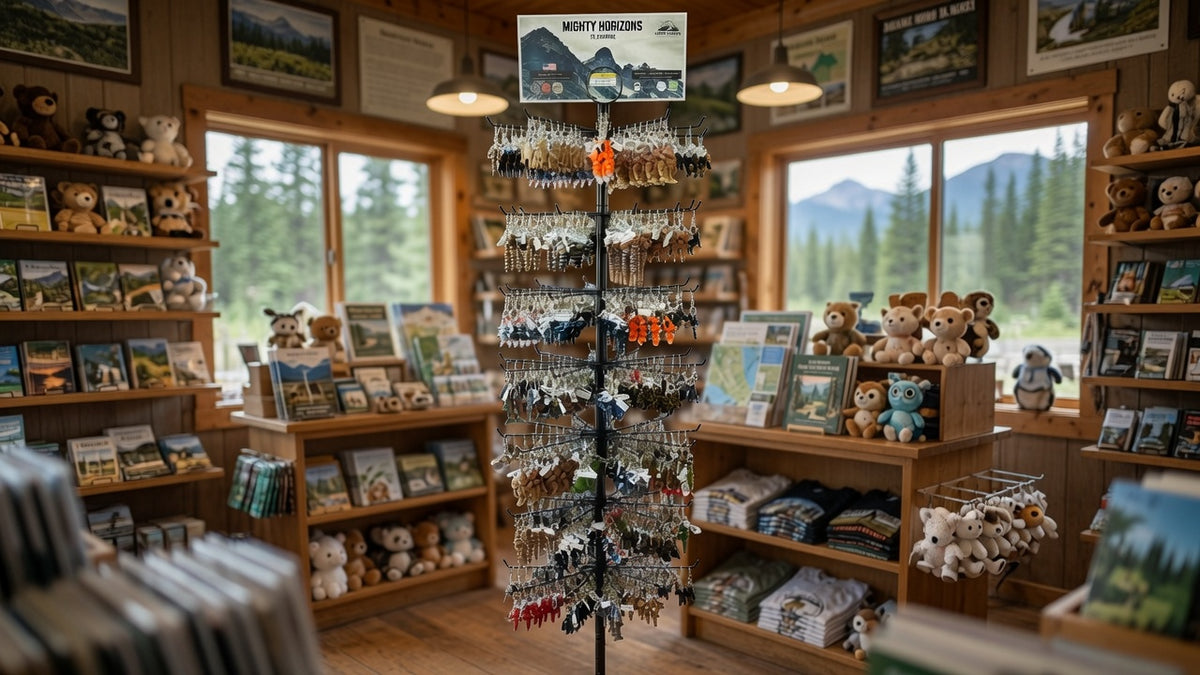 Mighty Horizons floor display stand stocked with assorted 3D-printed animal keychains and a Wilderness sign inside a mountain gift shop.