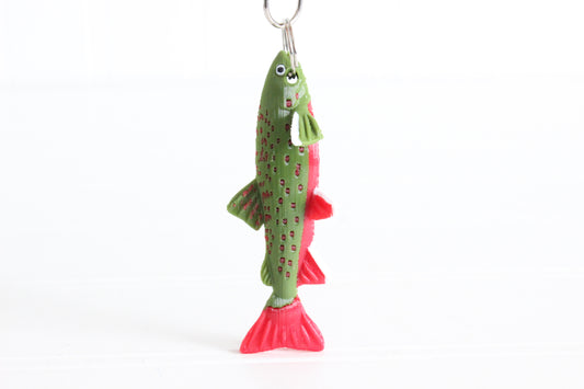 3D-printed brook trout with spotted markings keychain with a silver swivel quick-clip on a white background.