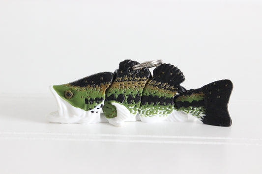3D-printed green largemouth bass keychain with a silver swivel quick-clip on a white background.