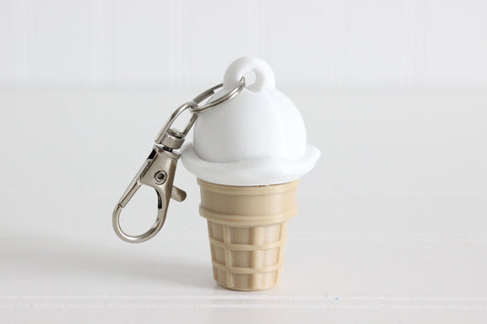Vanilla ice cream cone 3D printed keychain with metal key ring.