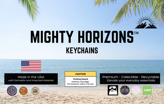 Mighty Horizons Keychains ocean retail display sign with a tropical beach and palm trees, U.S.-made materials statement, choking-hazard warning for ages 13 and under, premium collectible recyclable message, and designer attribution logos.