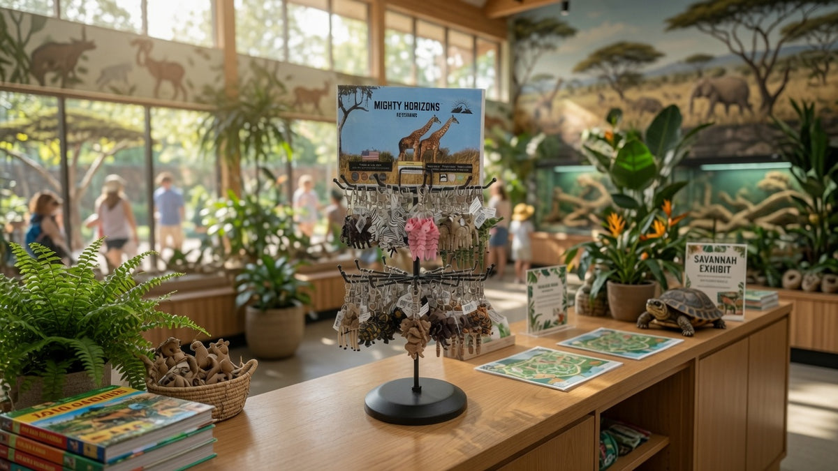 Mighty Horizons two-tier tabletop display stand stocked with animal keychains and a Zoo sign on a counter in a zoo gift shop.