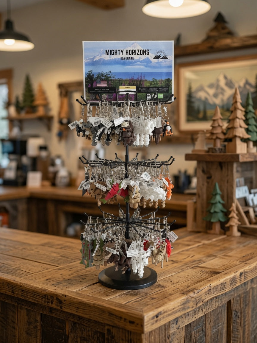 Mighty Horizons three-tier tabletop display stand stocked with assorted animal keychains and a Northern display sign on a wooden gift shop counter.