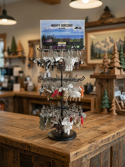 Mighty Horizons three-tier tabletop display stand stocked with assorted animal keychains and a Northern display sign on a wooden gift shop counter.